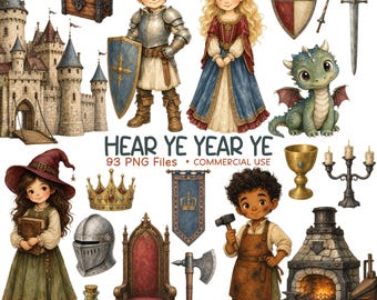Medieval Clipart, Knight & Princess PNG, Castle Dragon Fairytale Graphics, Commercial Use