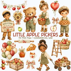 Puede incluir: Una colección digital de ilustraciones con niños, un oso de peluche, manzanas, cestas, un carro de madera, una escalera, pasteles, globos y lazos. El texto dice "WELCOME TO OUR ORCHARD", "LITTLE APPLE PICKERS", "79 PNG FILES" y "COMMERCIAL USE".
