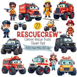 Paquete de imágenes prediseñadas de vehículos de rescate / Dibujos animados de ambulancias, camiones de bomberos, policías, paramédicos y SWAT PNG / Imágenes prediseñadas de emergencias infantiles para manualidades e imprimibles