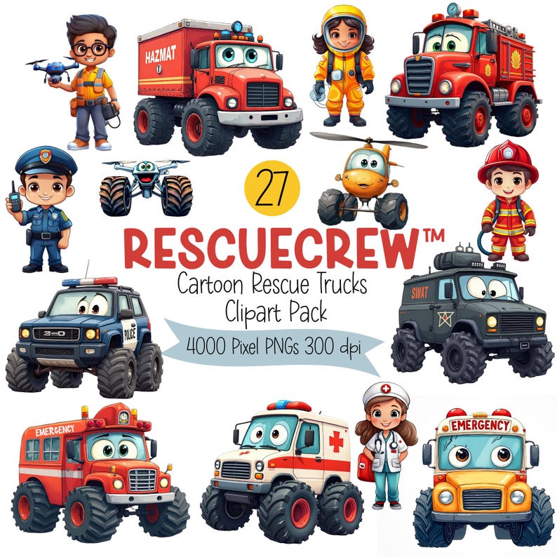 Cartoon Rescus Struts Rescue Vehicle Clipart Bundle | Cartoon Ambulance, Fire Truck, Police ...