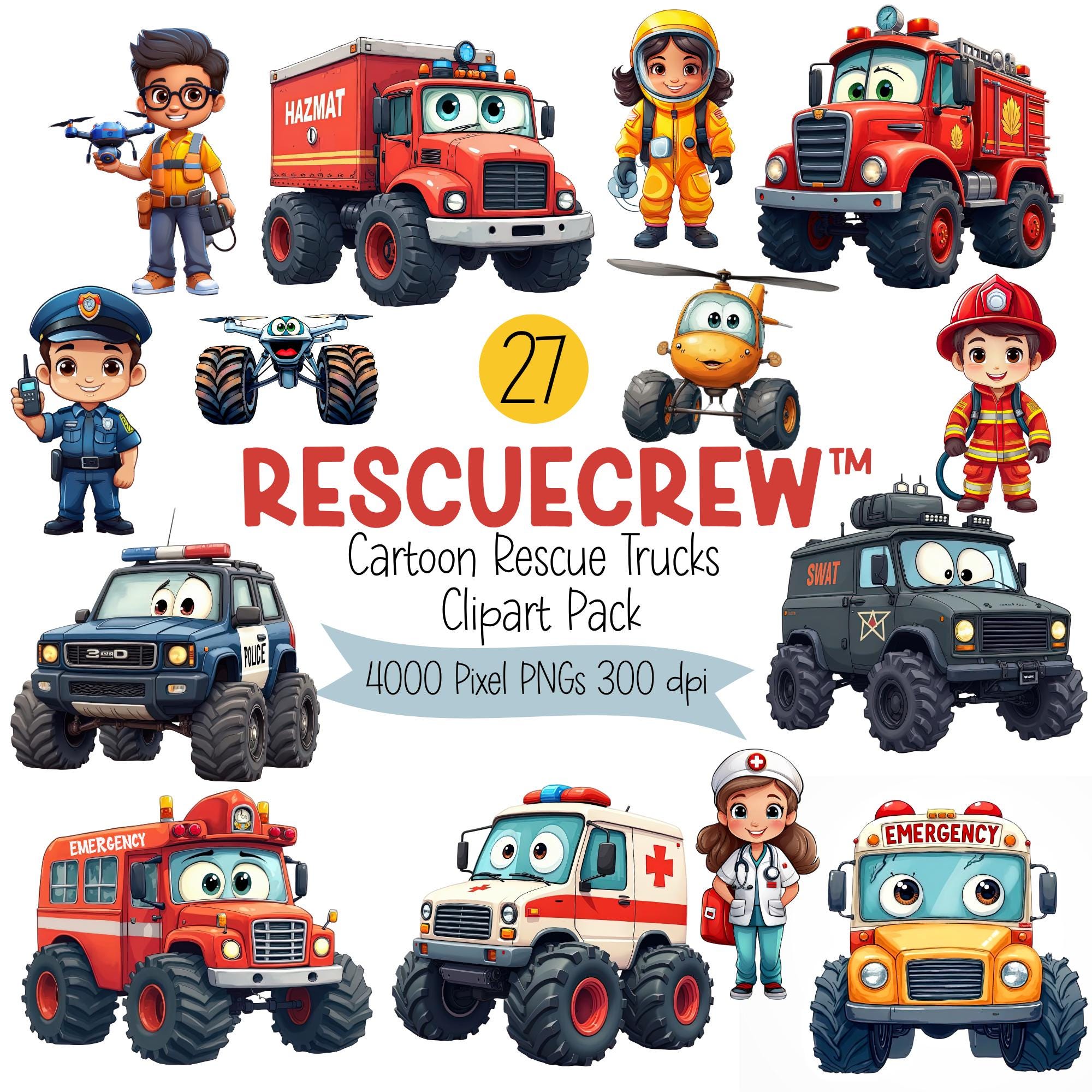 Rescue Vehicle Clipart Bundle | Cartoon Ambulance, Fire Truck, Police, EMT, SWAT PNGs | Kids Emergency Clip Art for Crafts & Printables
