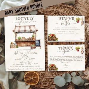 Lot modifiable pour baby shower cultivé localement, faire-part de bébé sur le stand de la ferme, tombola de couches et carte de remerciement, ensemble imprimable de baby shower de jardin rustique