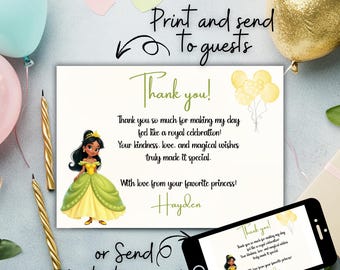 Royal Princess Birthday Thank You Card, Editable Fairy Tale Party Favor Printable