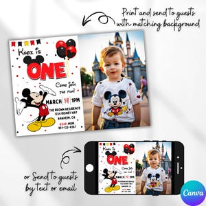 Editable Mickey Mouse 1st Birthday Party Photo Invitation, Mickey Cartoon Birthday Theme, Disney Mickey Party Invite,  MM1 Instant Download