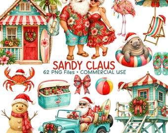 Beach Christmas Clipart, Tropical Santa PNG, Coastal Holiday Clip Art, Palm Tree, Flamingo, Tiki Bar, Commercial Use