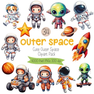 Cute Outer Space Clipart Bundle | Astronauts, Rockets, Planets & Aliens | PNG Transparent Background | Commercial Use | Digital Download