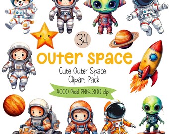 Raccolta di graziose clipart dello spazio / Astronauti, razzi, pianeti e alieni / Sfondo PNG trasparente / Uso commerciale / Download digitale