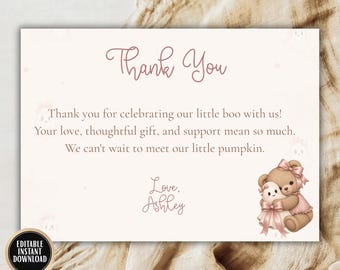 Halloween Baby Shower Thank You Card, Little Boo Thank You, Pink Coquette Editable Template