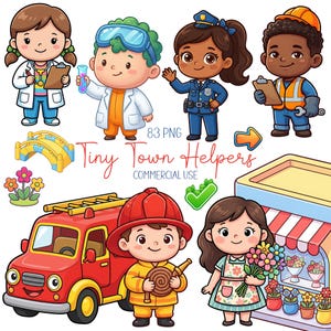 Pode incluir: Ilustração colorida com personagens de desenhos animados representando os trabalhadores da comunidade. A imagem inclui um médico, um cientista, um policial, um trabalhador da construção civil, um bombeiro e um florista. O texto "Tiny Town Helpers" também está presente.