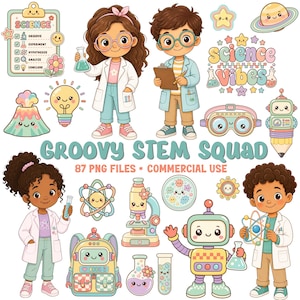 Może przedstawiać: Cyfrowa ilustracja z grafiką o tematyce naukowej, w tym naukowcy z kreskówek, sprzęt laboratoryjny i tekst "GROOVY STEM SQUAD". Miękka, pastelowa paleta kolorów, odpowiednia do materiałów edukacyjnych i projektów dla dzieci.