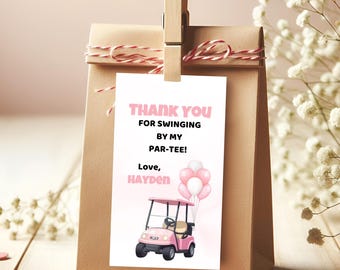 Golf Birthday Favor Tag Girl, Printable Par-Tee Thank You Tags, Editable Pink Golf Cart Party Favor, Instant Download, Golf Party Decor