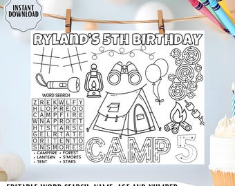 Camping Birthday Placemat Printable: Editable Outdoor Adventure Activity Coloring Page, Kids Party Favor  (Instant Download)