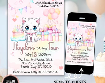 Kitty Birthday Invitation, Cat Birthday Party Invite, Editable Pastel Rainbow Kitten Theme