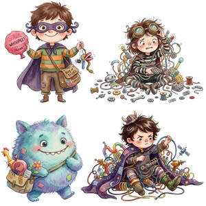May include: Four whimsical illustrations of children in costumes. One child is dressed as a superhero with a mask and cape, holding a "WHOOPEE! PRANK!" sign. Another is surrounded by wires and tools. A blue monster and a wizard complete the set.