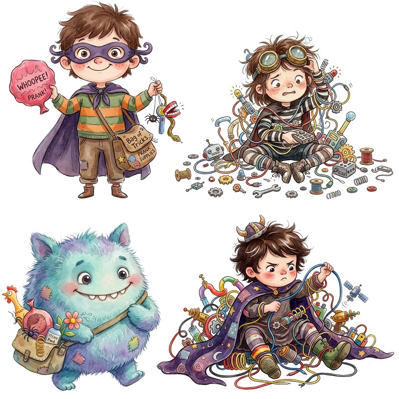 May include: Four whimsical illustrations of children in costumes. One child is dressed as a superhero with a mask and cape, holding a "WHOOPEE! PRANK!" sign. Another is surrounded by wires and tools. A blue monster and a wizard complete the set.