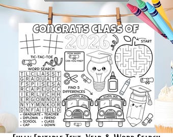 Graduation Activity Placemat Printable, Kids Grad Games, Class of 2026 Editable Coloring Page, Party Game Sheet, End of School Year