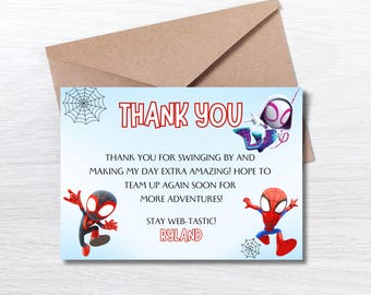 Carte de remerciement fête d'anniversaire Spidey et ses incroyables amis, carte d'anniversaire Spidey, thème d'anniversaire super-héros modifiable