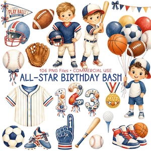 Puede incluir: Una colección de ilustraciones digitales con temática deportiva que incluye niños con uniformes de béisbol y fútbol americano, varios balones, cascos, un guante de béisbol, un bate, una camiseta, zapatillas, un dedo de espuma, una medalla MVP y globos.