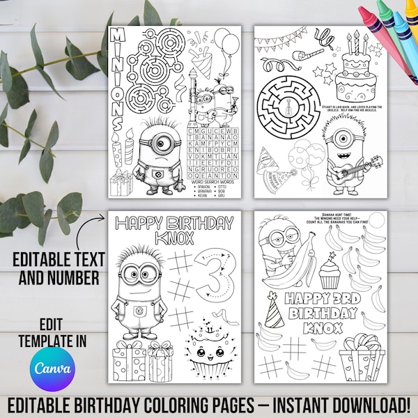 Minions Birthday Coloring Pages | Minion Printable Coloring Sheets | Birthday Party Activity | Kids Party Fun Editable Instant Download