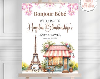 Paris Baby Shower Welcome Sign | French Cafe Theme, Editable Party Template, Digital Download