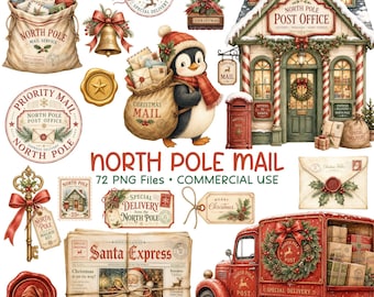 Christmas Clipart, North Pole Mail PNG, Santa Letters & Post Office Graphics, Commercial Use