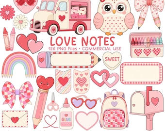 Valentine Classroom Clipart, School Valentine's Graphics, Teacher Clip Art, Hearts Bows Pencils, Bulletin Board Decor, Commercial Use