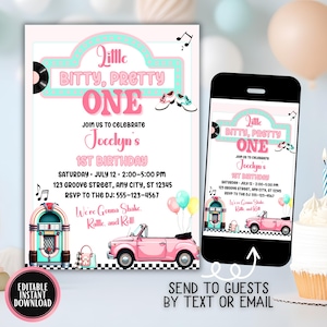 Puede incluir: Invitación de cumpleaños rosa y turquesa con el texto "Little Bitty Pretty One" y detalles del evento. El diseño incluye una gramola, un descapotable rosa y notas musicales. Un smartphone muestra la invitación.