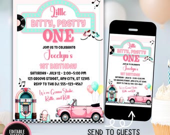 Retro Rock and Roll Birthday Invitation: 1st Birthday Party Invite, Little Bitty Pretty One, Editable 50s Sock Hop Printable Download