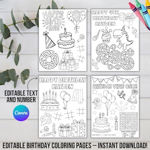 Birthday Coloring Pages Editable - Printable Kids Birthday Activity Sheets, Fun Party Games Coloring for Boys Girls, Instant Download