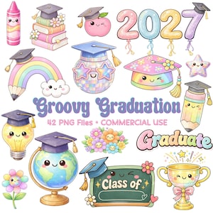 Könnte beinhalten: Eine Sammlung pastellfarbener, digitaler Illustrationen zum Thema Abschlussfeier mit einem Buntstift, Büchern, einem Apfel, 2027-Ballons, einem Regenbogenstift, einer Discokugel, einer Doktorhut, einem Stern, einer Glühbirne, einem Globus, einer Tafel und einem Pokal.