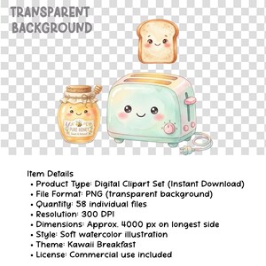 May include: A digital clipart set with a kawaii breakfast theme. The image shows a smiling toaster, a slice of toast, and a jar of honey. The text "TRANSPARENT BACKGROUND" is at the top. Item details are listed below the images.