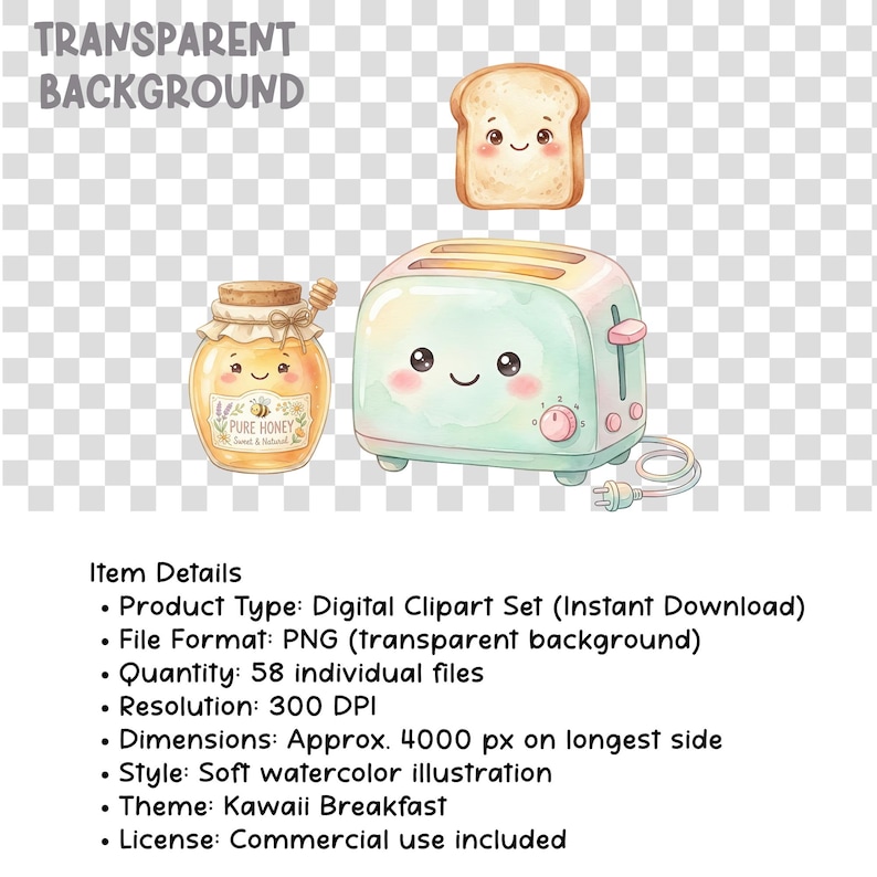 May include: A digital clipart set with a kawaii breakfast theme. The image shows a smiling toaster, a slice of toast, and a jar of honey. The text "TRANSPARENT BACKGROUND" is at the top. Item details are listed below the images.