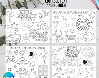 May include: Four black and white printable coloring pages with space-themed illustrations. Each page features rockets, planets, astronauts, and the text "Happy Birthday Ryland", "Shoot for the Stars", and "Out of this World". Includes a word search.
