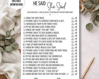 He Said She Said Bridal Shower Game, Guess Who Said It, Wedding Games Editable Template