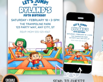 Trampoline Birthday Invitation, Jump Park Party Invite for Kids, Editable Bounce Party Card