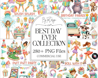 Kids Birthday Clipart Bundle, Mini Golf, Water Park & Roller Skating PNG, Commercial Use