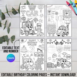 Editable Cars Birthday Coloring Pages | Printable Coloring Sheets | Race Cars Party Activity |  Kid Party Favor Fun | Instant Download