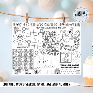 Könnte beinhalten: Schwarz-weißes, druckbares Aktivitätsblatt für eine Geburtstagsfeier mit Illustrationen zum Thema Käfer, Labyrinthen und einem Suchsel. Der Text lautet "Hayden's Backyard Bug Bash!" und "Bearbeitbare Wortsuche, Name, Alter und Nummer."