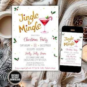 Op de afbeelding: Een feestelijke kerstfeestuitnodiging met de gouden tekst "Jingle & Mingle" en een cocktailillustratie. De uitnodiging bevat evenementdetails, datum, tijd en locatie. Een smartphone toont hetzelfde ontwerp.