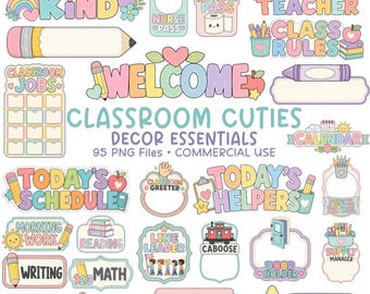 Classroom Decor Clipart Bundle, Teacher Resources PNG, Bulletin Board Clip Art, Classroom Labels, School Signs, Commercial Use