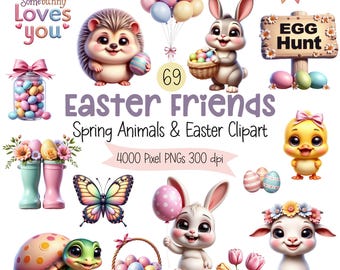 Easter Clipart Bundle: Spring Animals, Bunnies, Lambs, Chicks, Eggs, Flowers & Pastel PNGs, (Digital Download, Commercial Use)