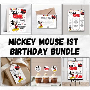 Bearbeitbares Mickey Mouse 1st Geburtstagseinladungspaket, Disney Mickey Cartoon-Thema, Mickey Partydekorationen, Ein Jahr, MM1 INSTANT DOWNLOAD