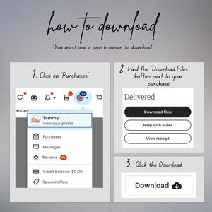 May include: A screenshot of a computer screen showing how to download digital files from an online marketplace. The instructions are written in black text on a gray background. The steps include clicking on "Purchases", finding the "Download Files" button next to the purchase, and clicking the "Download" button.
