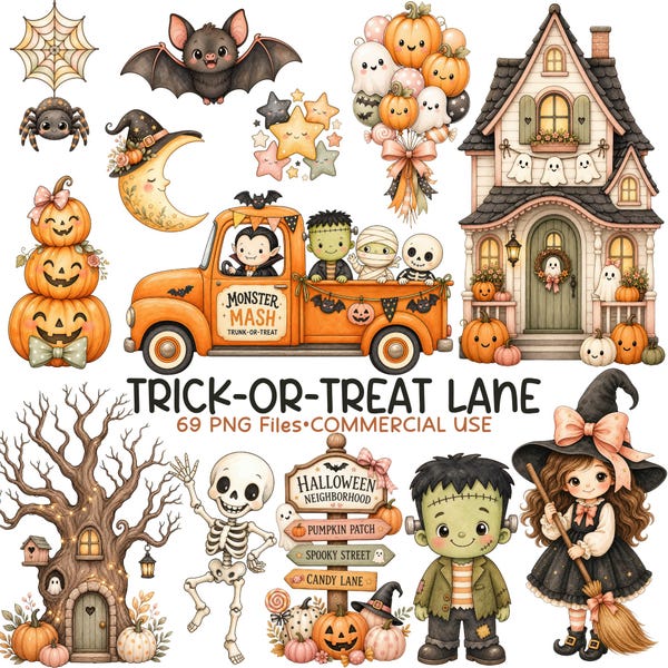 Halloween Clipart Bundle | Ghost Pumpkin Haunted House PNG | Trunk or Treat Graphics | Neighborhood Party | Commercial Use