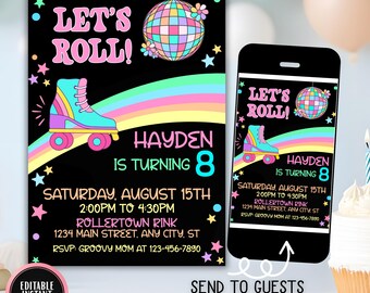 May include: Black invitation with the text "Let's Roll!" and a roller skate graphic. The invitation is for Hayden's 8th birthday, with event details. A smartphone displays the same design. A pink circle says "Editable Instant Download".