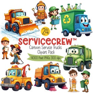 Service Trucks Clipart Bundle | Cartoon Utility Vehicles & Workers PNG |Garbage, Tow, Mail, Snow Plow, Recycling Clip Art Commercial License