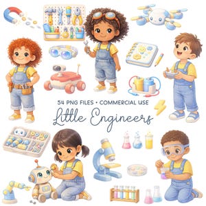 May include: A watercolor illustration featuring children dressed as engineers with tools, robots, and science equipment. The image includes the text "Little Engineers" and various science and engineering-related elements, such as a microscope, test tubes, and a drone.