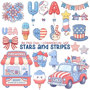 Może przedstawiać: Zbiór patriotycznych ilustracji z fajerwerkami, ciężarówką i różnymi elementami w tematyce USA. Tekst brzmi "STARS and STRIPES" i "USA".