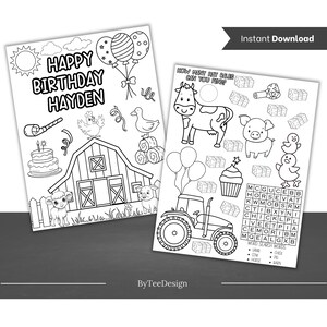 May include: Two black and white printable activity sheets. One sheet says "Happy Birthday Hayden" with farm animals and balloons. The other sheet has a cow, pig, tractor, and word search puzzle. "Instant Download" text is visible.