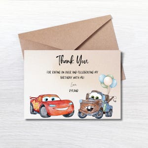 Tarjeta de agradecimiento editable de Cars, tarjeta de agradecimiento de Disney Pixar Lightning McQueen-Tow Mater, tarjeta de regalo de fiesta de cumpleaños de niños Canva DESCARGA INSTANTÁNEA